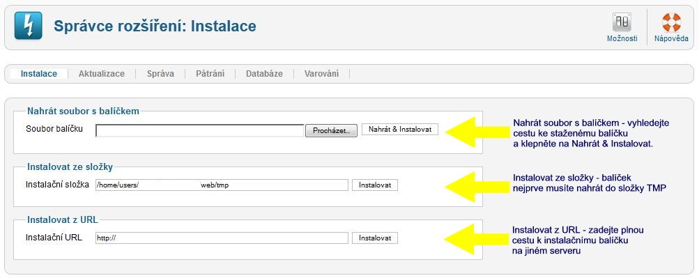 Správce rozšíření: Instalace